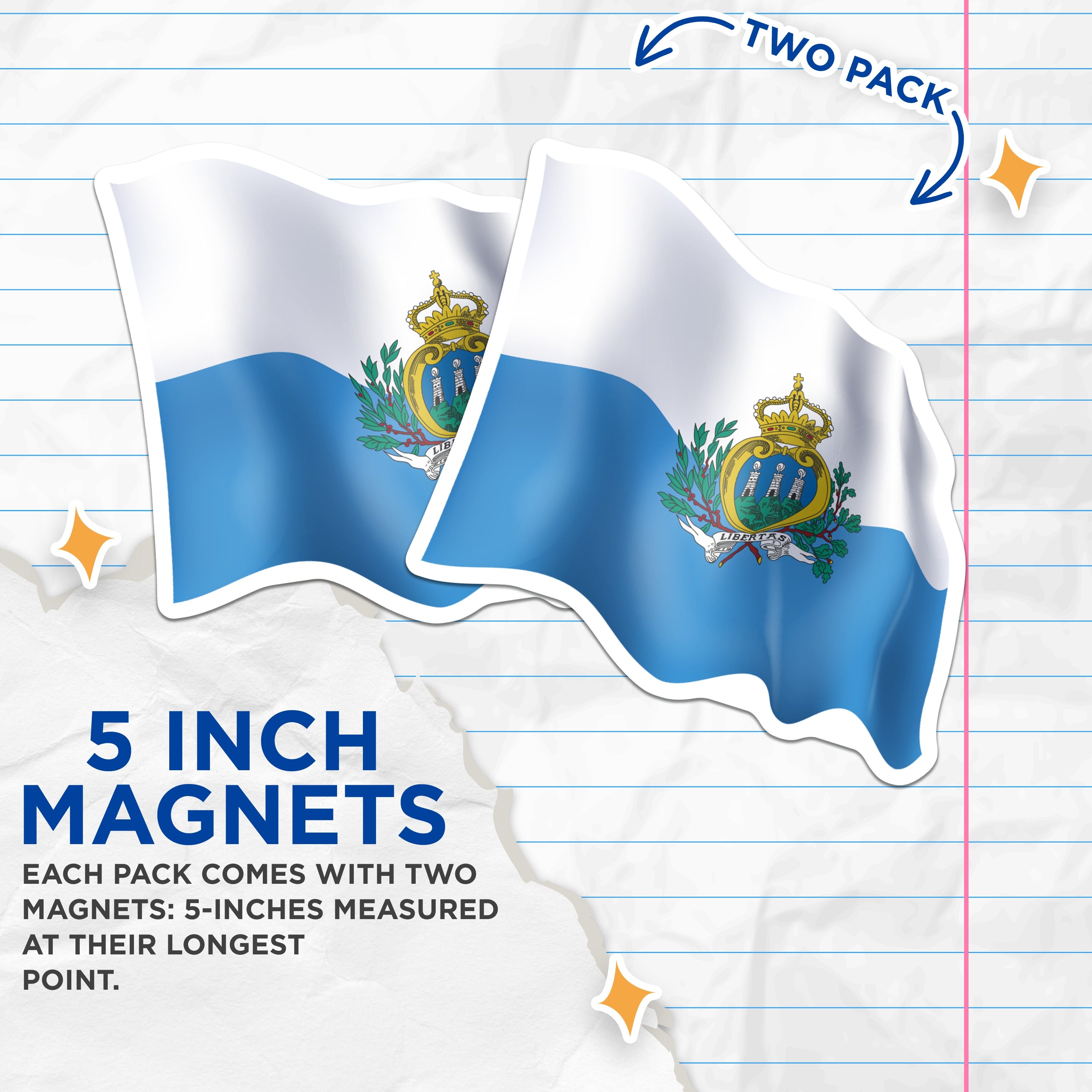 (2 Pack) San Marino Flag Magnets - European Country Souvenir - National Emblem Collectible - Travel Memento - 5 Inches On Longest Side - Thick Durable Magnet - Made in USA - MAG38682