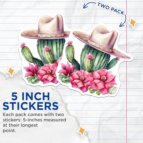 (2 Pack) Cactus with Hat Stickers - Floral Cactus Stickers - Cute Succulent Stickers for Scrapbooking - 5" On Longest Side - Sticks to Any Smooth Flat Surface - Made in USA - BMCS3386