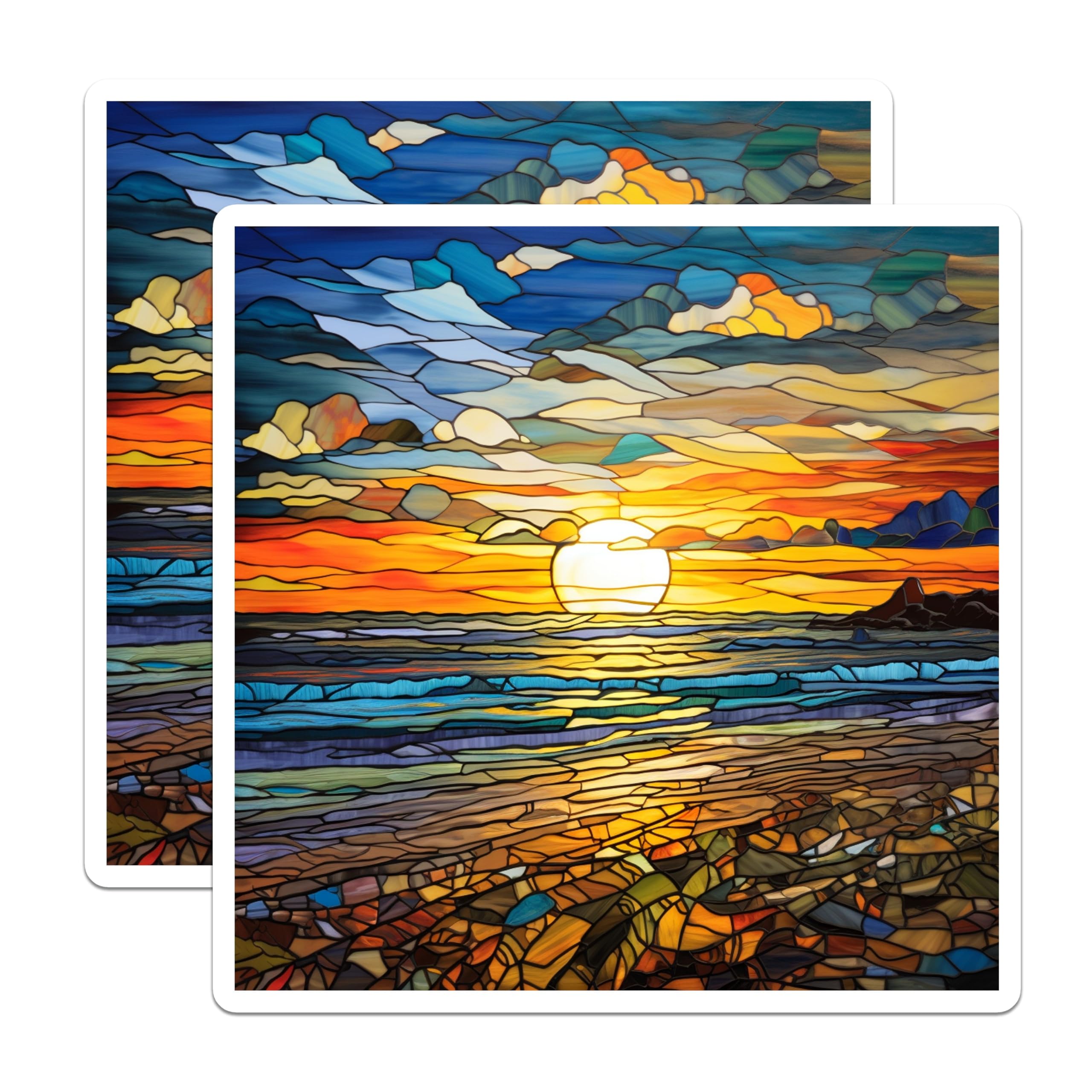 (2 Pack) Stained Glass Sunset Magnets - Ocean Beach Decor - Coastal Scene Art Refrigerator Magnets - 5 Inches On Longest Side - Thick Durable Magnet - Made in USA - MAG27276