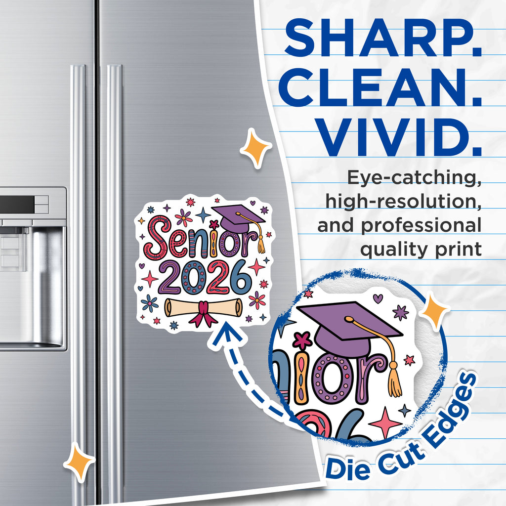 (2 Pack) Senior 2026 Graduation Magnets - Class of 2026 Graduate Decor - High School College Senior - Groovy Grad Magnets - 5 Inches On Longest Side - Thick Durable Magnet - Made in USA - MAG38914
