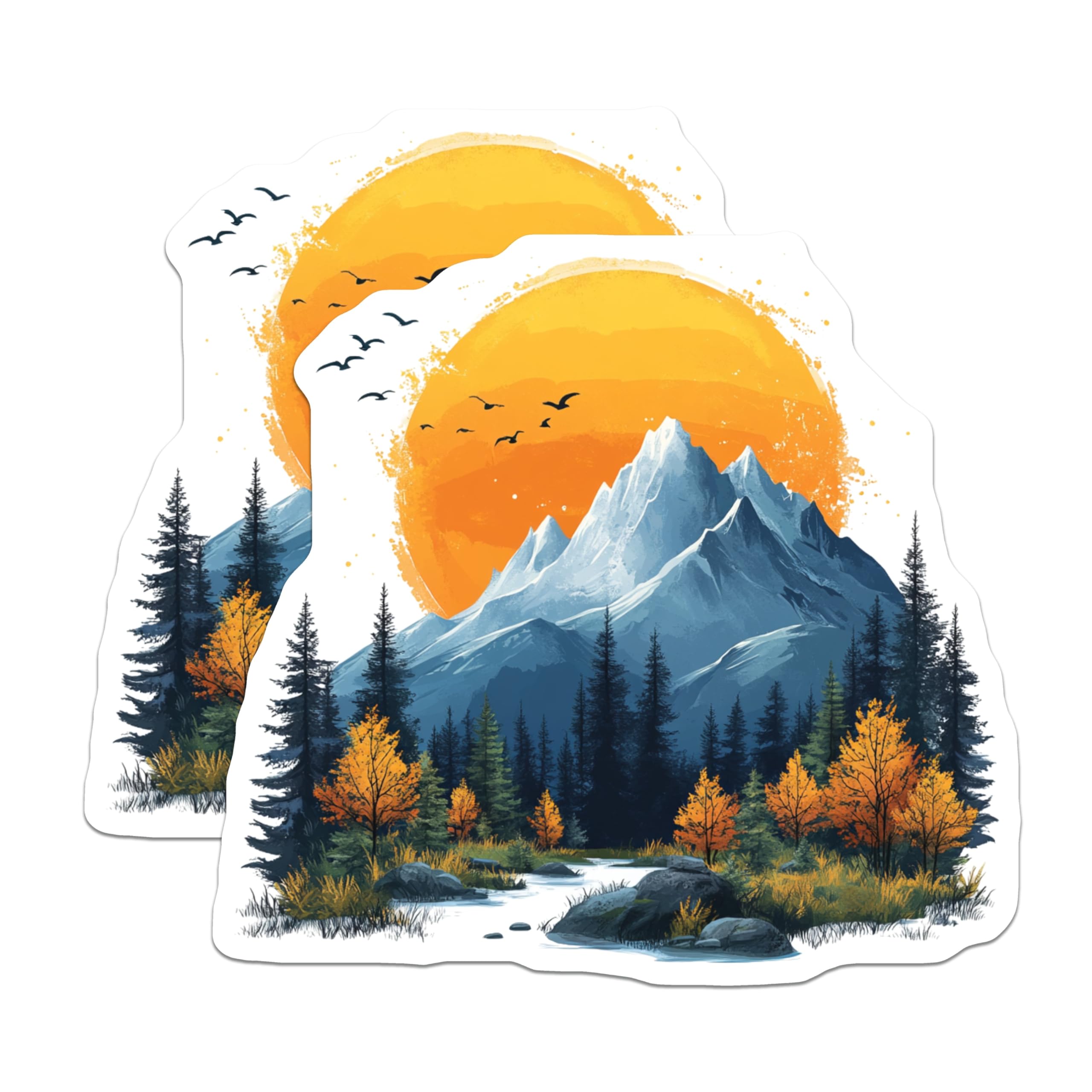 (2 Pack) Vibrant Mountain Landscape Magnets - Autumn Forest River Scene - Majestic Peaks Sunrise Birds Nature Art - 5 Inches On Longest Side - Thick Durable Magnet - Made in USA - MAG24910