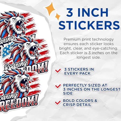 (3 Pack) Roaring Freedom Decals - Patriotic Lion - USA Flag Lion - 3 Inches On Longest Side - Easy Peel & Apply - Made in USA - 3MCS1539