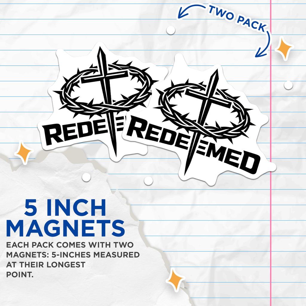 (2 Pack) Christian Magnets - Redeemed Cross Crown Thorns - Spiritual Vehicle Art - 5 Inches On Longest Side - Thick Durable Magnet - Made in USA - MAG22814