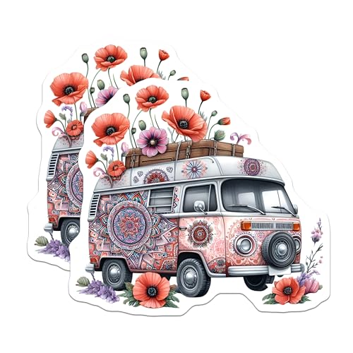 (2 Pack) Vintage Van Floral Stickers - Boho Hippie Van Summer Vibes - 5" On Longest Side - Sticks to Smooth Flat Surfaces - Made in USA - BMCS8880 - BMCS8880
