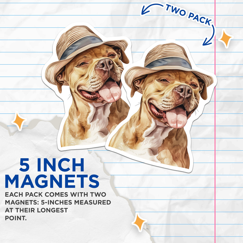 (2 Pack) Pitbull Dog Magnets - Happy Smiling Pitbull in Hat - Watercolor Dog Art - Pet Lover Fridge Decor - 5 Inches On Longest Side - Thick Durable Magnet - Made in USA - MAG36667