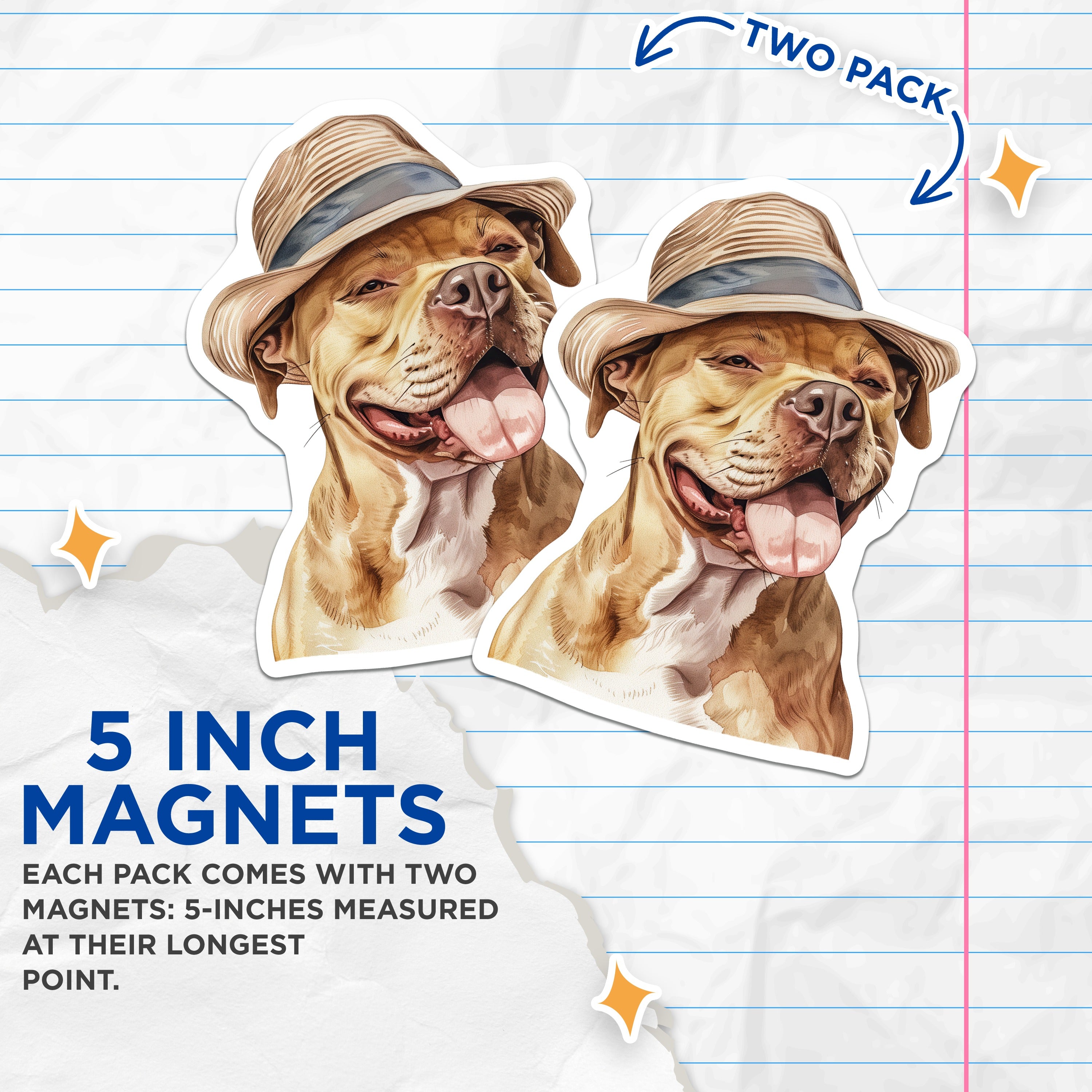 (2 Pack) Pitbull Dog Magnets - Happy Smiling Pitbull in Hat - Watercolor Dog Art - Pet Lover Fridge Decor - 5 Inches On Longest Side - Thick Durable Magnet - Made in USA - MAG36667