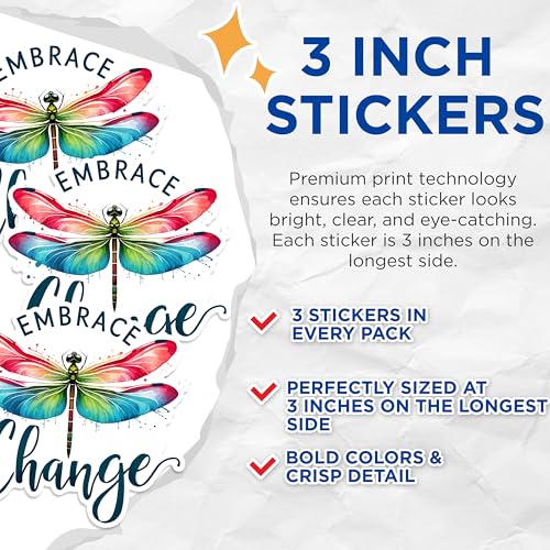 (3 Pack) Dragonfly Decals - Embrace Change - Laptop Decals - 3 Inches On Longest Side - Easy Peel & Apply - Made in USA - 3MCS1516