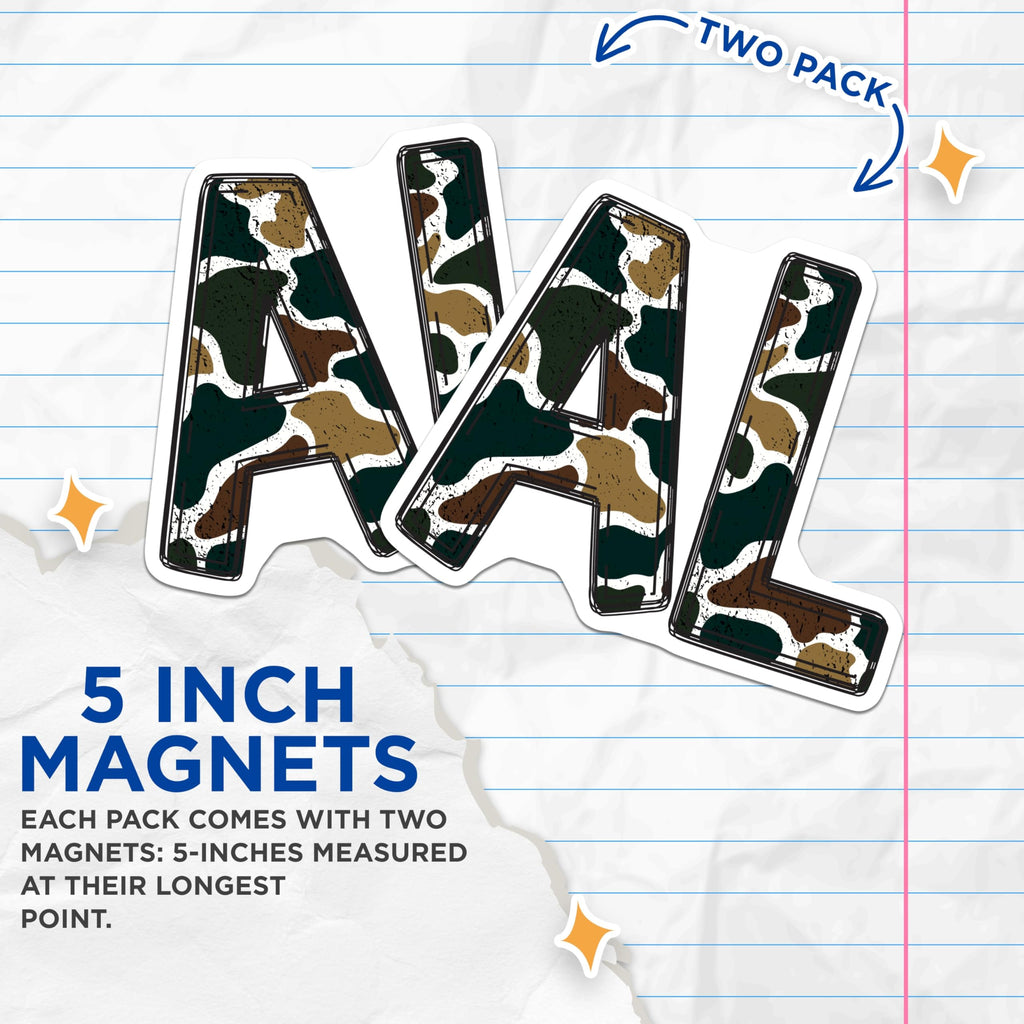 (2 Pack) Earthy Tone Camouflage Initial Magnets - Rustic Letter A L Decor - Military Grunge Alphabet Fridge Locker - 5 Inches On Longest Side - Thick Durable Magnet - Made in USA - MAG22967