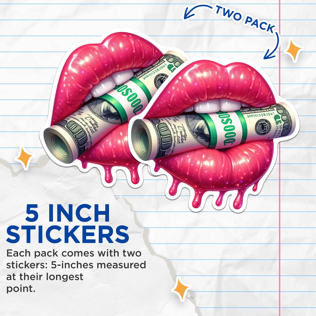 (2 Pack) Juicy Lips with Money Stickers - Fierce Cool Dripping Juicy Lips - 5 Inches On Longest Side - Premium Vinyl - for Cars, Trucks, Skateboards, Laptops - Made in USA - BMCS1683