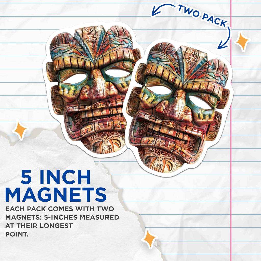 (2 Pack) Vibrant Tiki Mask Magnets - Intricate Polynesian Tribal Art Decor - Exotic Hawaiian Kitchen Refrigerator Magnets - 5 Inches On Longest Side - Thick Durable Magnet - Made in USA - MAG20640