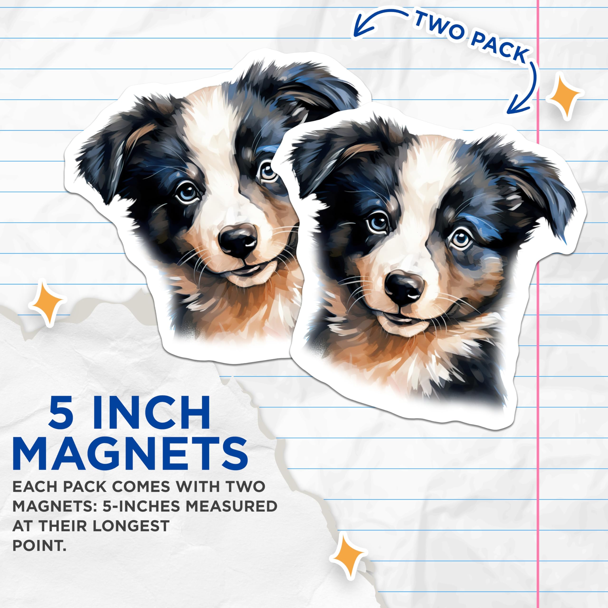 (2 Pack) Border Collie Puppy Magnets - Cute Dog Art - Dog Mom Home Decor - 5 Inches On Longest Side - Thick Durable Magnet - Made in USA - MAG26012
