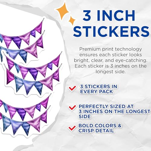 (3 Pack) Triangle Flags Decals - Bunting Decoration - Party Decoration- 3 Inches On Longest Side - Easy Peel & Apply - Made in USA - 3MCS5551