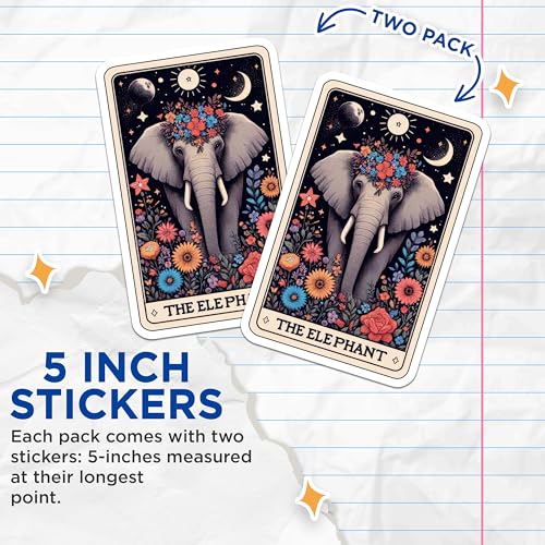 (2 Pack) Elephant Stickers - Animal Art Stickers - Floral Elephant Decal - 5" On Longest Side - Sticks to Smooth Flat Surfaces - Made in USA - BMCS5401