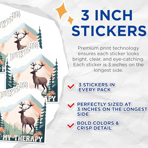 (3 Pack) Hiking Therapy Decals - Deer Forest Scene - Laptop Water Bottle Stickers - 3 Inches On Longest Side - Easy Peel & Apply - Made in USA - 3MCS1349