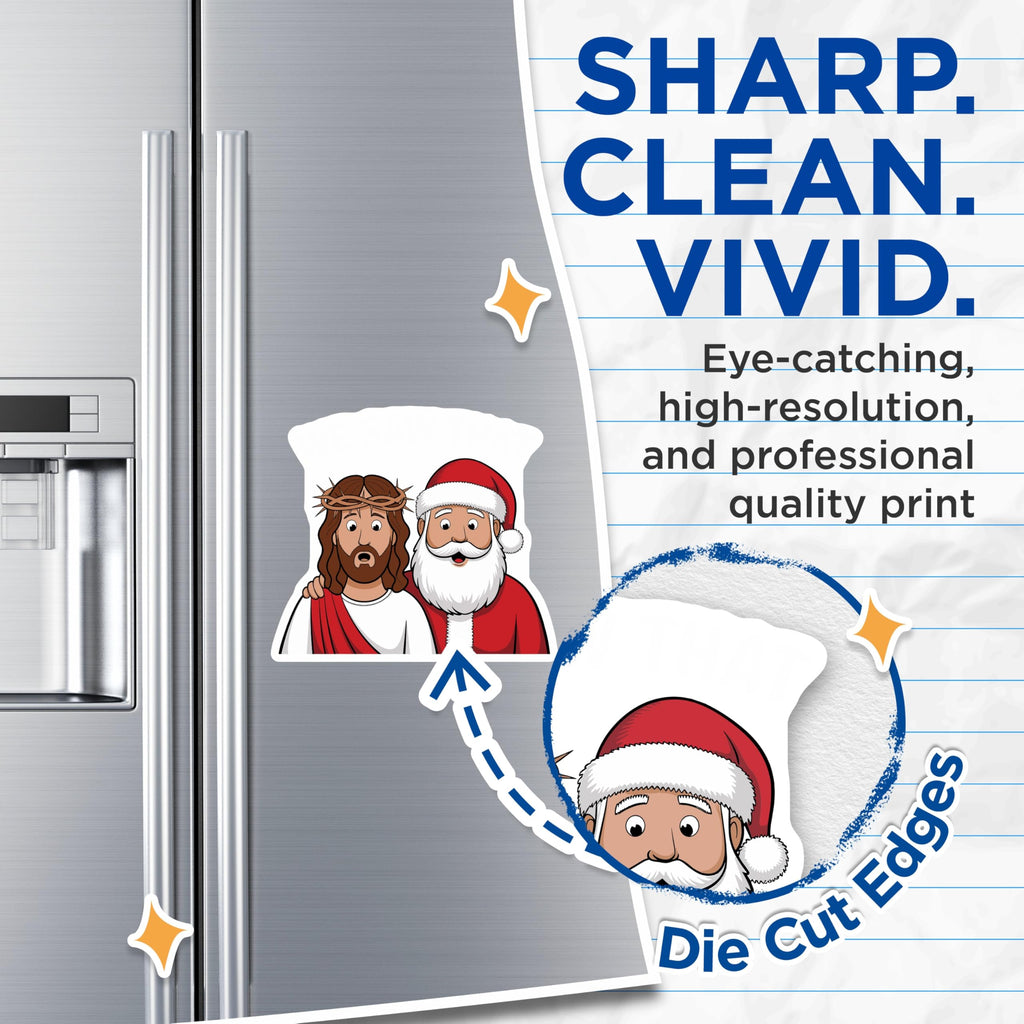 (2 Pack) Funny Christmas Magnets - Jesus and Santa Claus Humor - Holiday Refrigerator Decor - 5 Inches On Longest Side - Thick Durable Magnet - Made in USA - MAG25657