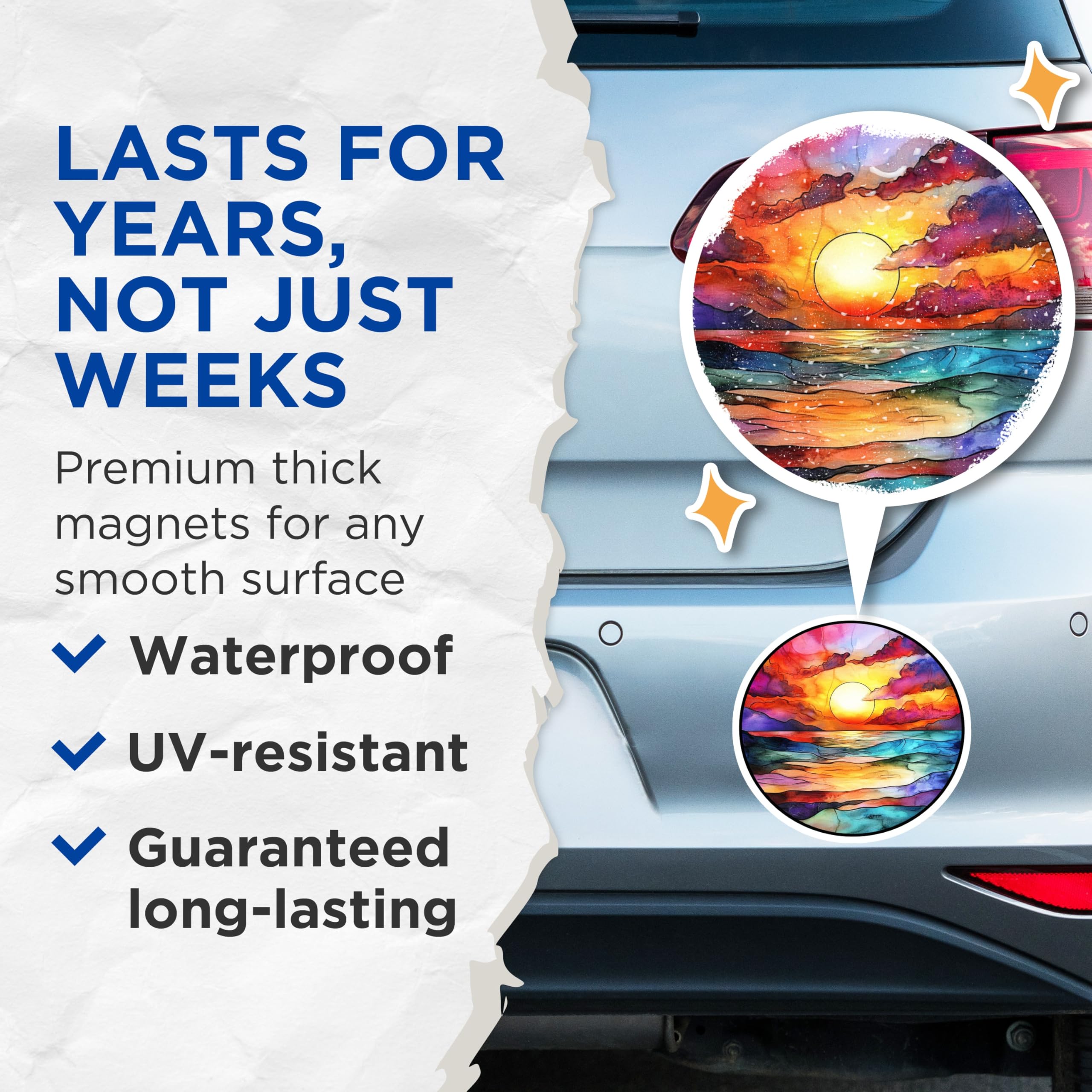 (2 Pack) Watercolor Ocean Sunset Magnets - Stained Glass Seascape Art - Vibrant Coastal Fridge Decor - 5 Inches On Longest Side - Thick Durable Magnet - Made in USA - MAG26821