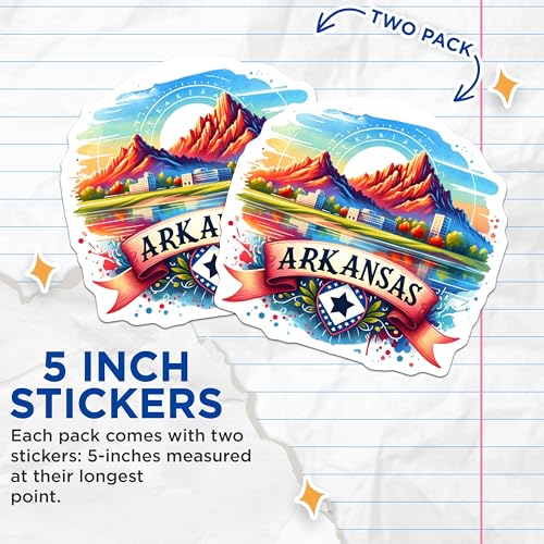 (2 Pack) Arkansas Mountain Scenic Stickers - Travel Decal - State Pride Art - 5" On Longest Side - Sticks to Smooth Flat Surfaces - Made in USA - BMCS6576