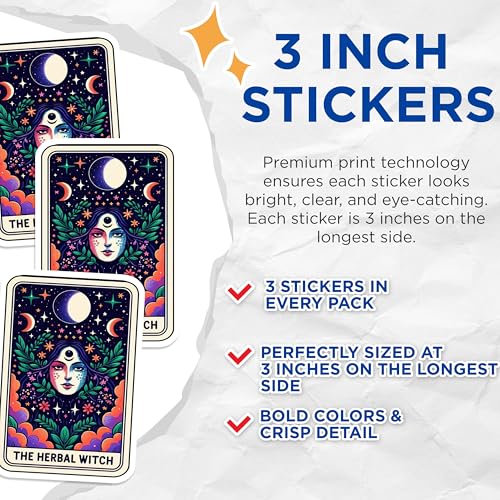 (3 Pack) Herbal Witch Decals - Tarot Card Decor - Laptop Decal - Celestial Witch Sticker - 3 Inches On Longest Side - Easy Peel & Apply - Made in USA - 3MCS4196