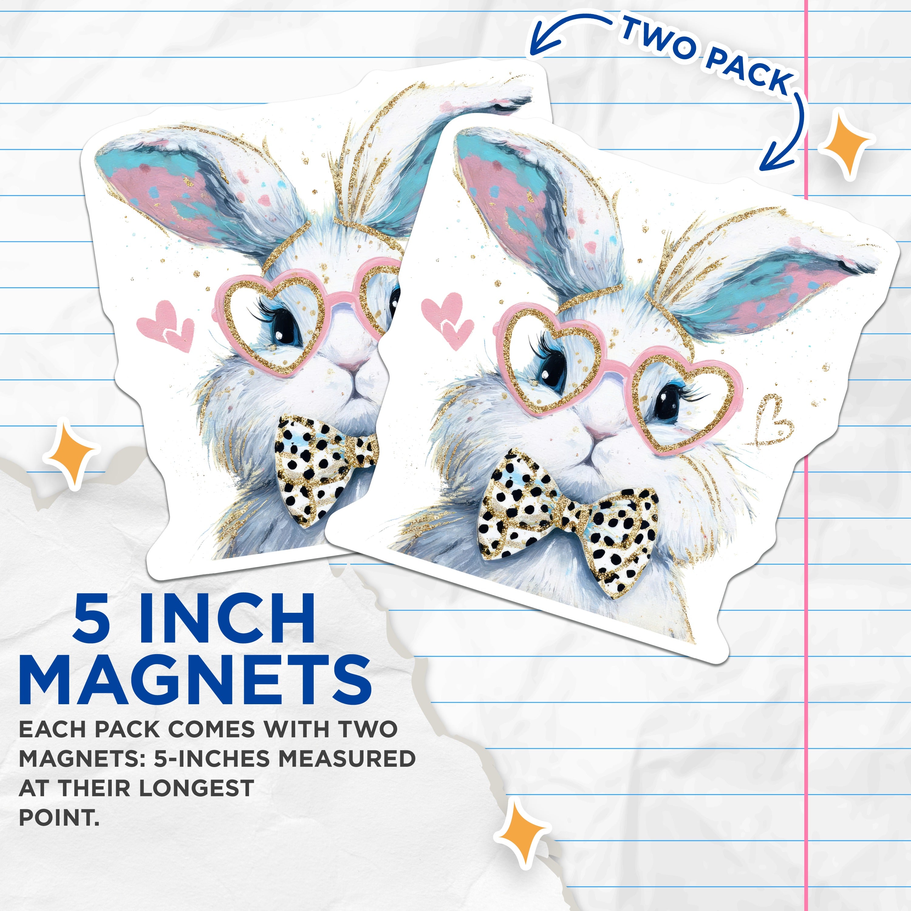 (2 Pack) Cute Bunny Magnets - Pink Heart Glasses - Polka Dot Bow Tie - Kawaii Rabbit Decor - Aesthetic Animal Fridge Magnets - 5 Inches On Longest Side - Thick Durable Magnet - Made in USA - MAG37693