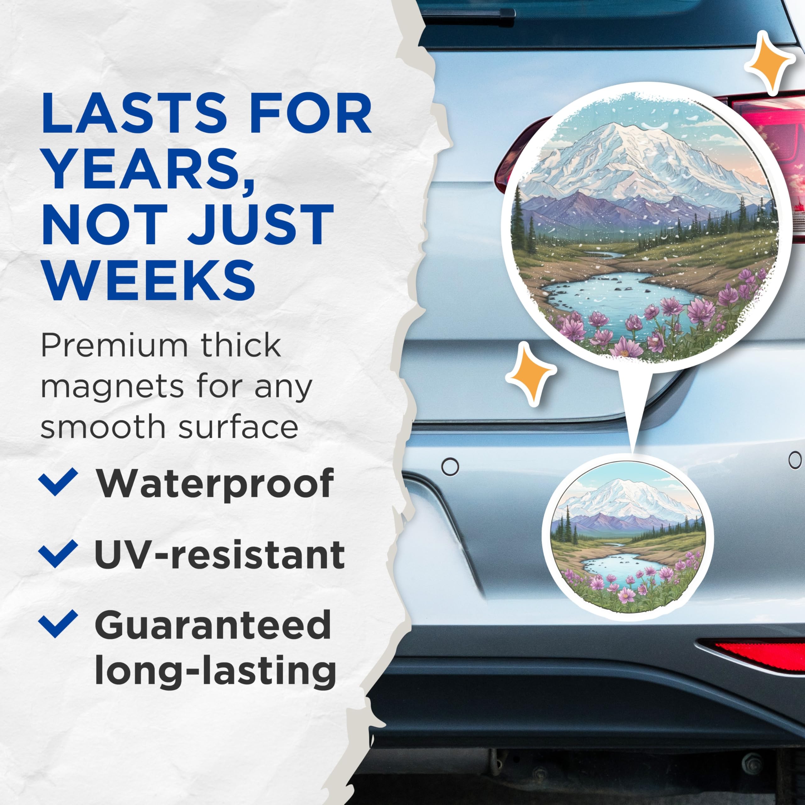 (2 Pack) Mountain Scene Magnets - Snowy Peak Art - Landscape Illustration Decor - 5" On Longest Side - Premium Magnet - for Cars, Refrigerators, Toolboxes, Lockers - Made in USA - MAG18494