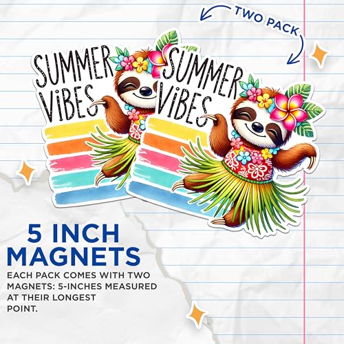 (2 Pack) Summer Vibes Magnets - Cute Sloth Magnets - Hawaiian Decor Magnets - Tropical Fridge Magnets- 5" On Longest Side - for Fridges, Toolboxes, Cars - Made in USA - MAG2741