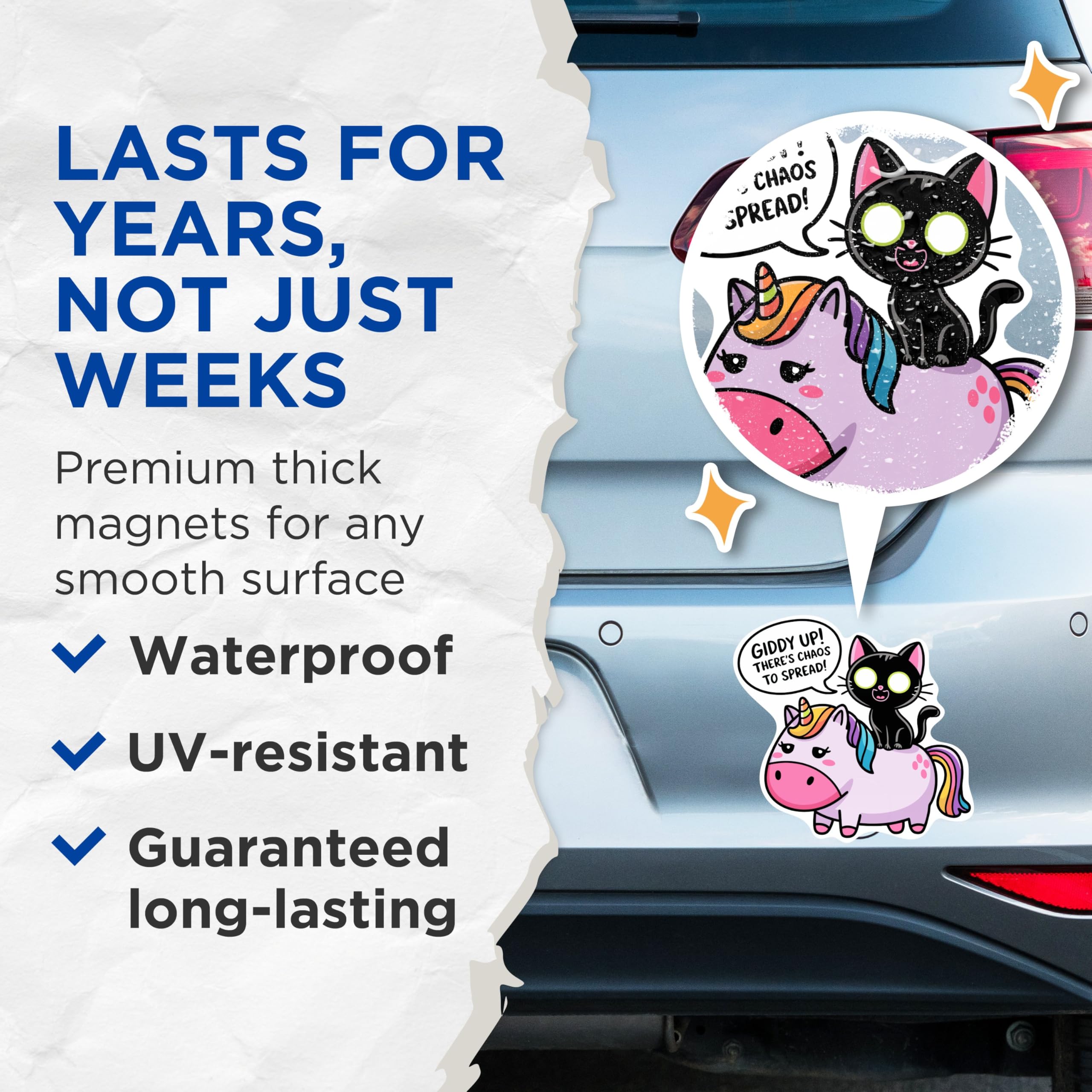 (2 Pack) Giddy Up! There's Chaos to Spread! Funny Cat Riding Unicorn Magnets - 5 Inches On Longest Side - Premium Magnet - for Cars, Refrigerators, Toolboxes - Made in USA - MAG2102