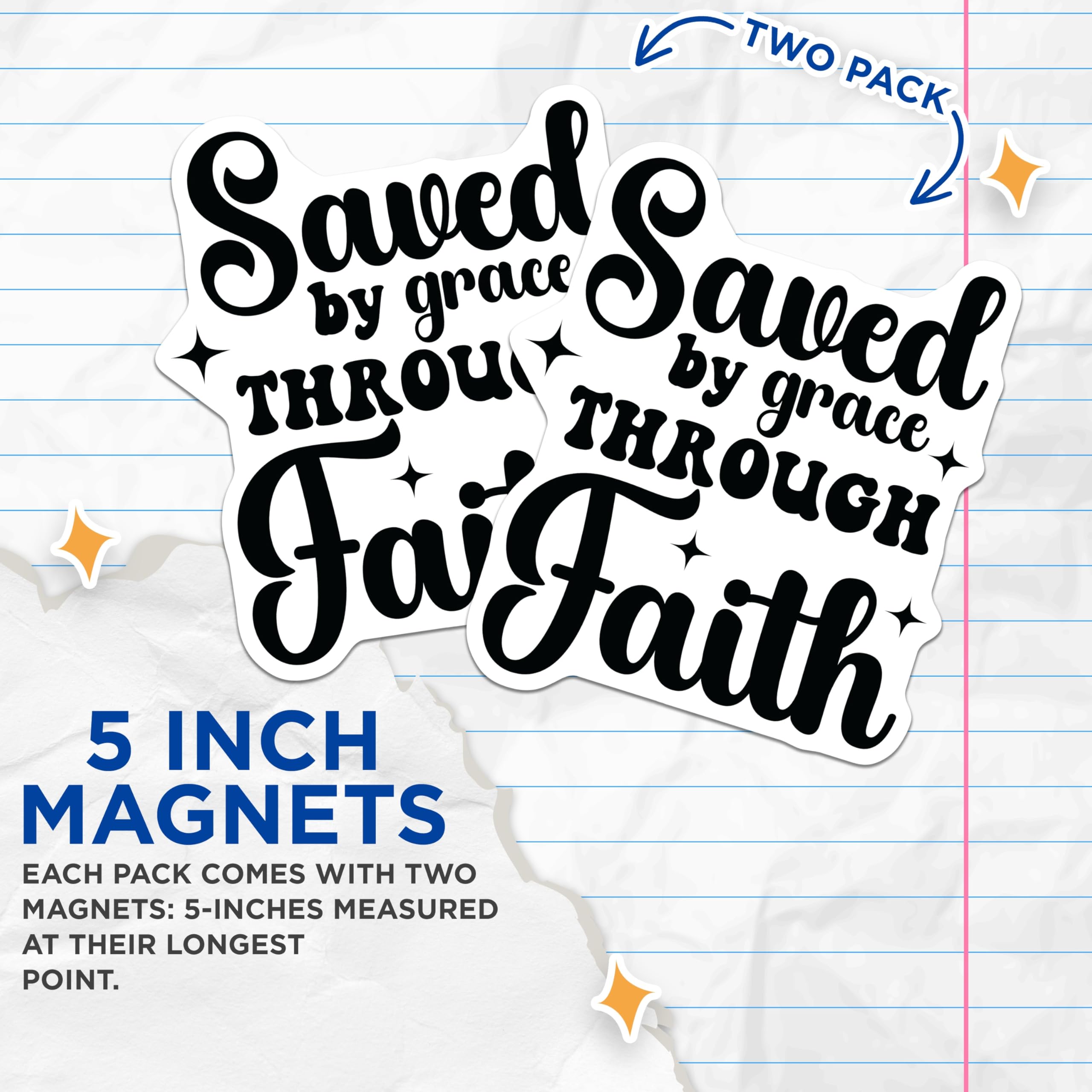 (2 Pack) Saved By Grace Through Faith Magnets - Christian Refrigerator Decor - Inspirational Scripture - 5 Inches On Longest Side - Thick Durable Magnet - Made in USA - MAG25567