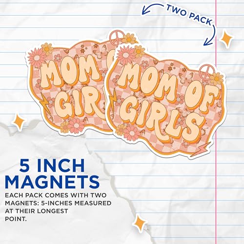 (2 Pack) Mom of Girls Magnets - Retro Mom Magnets - Flower Butterfly Pattern Magnets for Mothers- 5" On Longest Side - for Fridges, Toolboxes, Cars - Made in USA - MAG3007