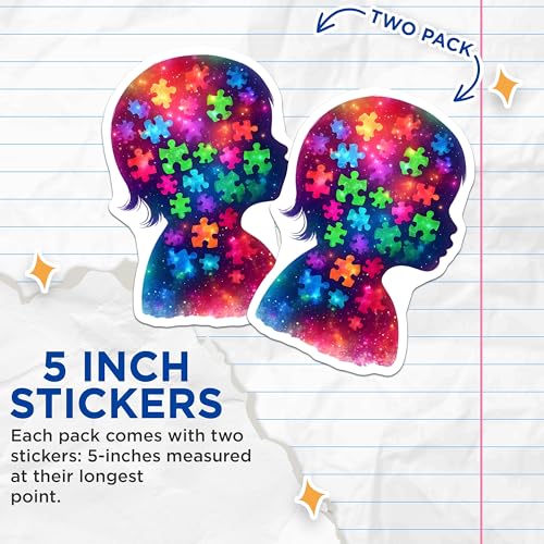 (2 Pack) Colorful Puzzle Piece Stickers - Autism Awareness - Silhouette Design - 5" On Longest Side - Sticks to Smooth Flat Surfaces - Made in USA - BMCS7905