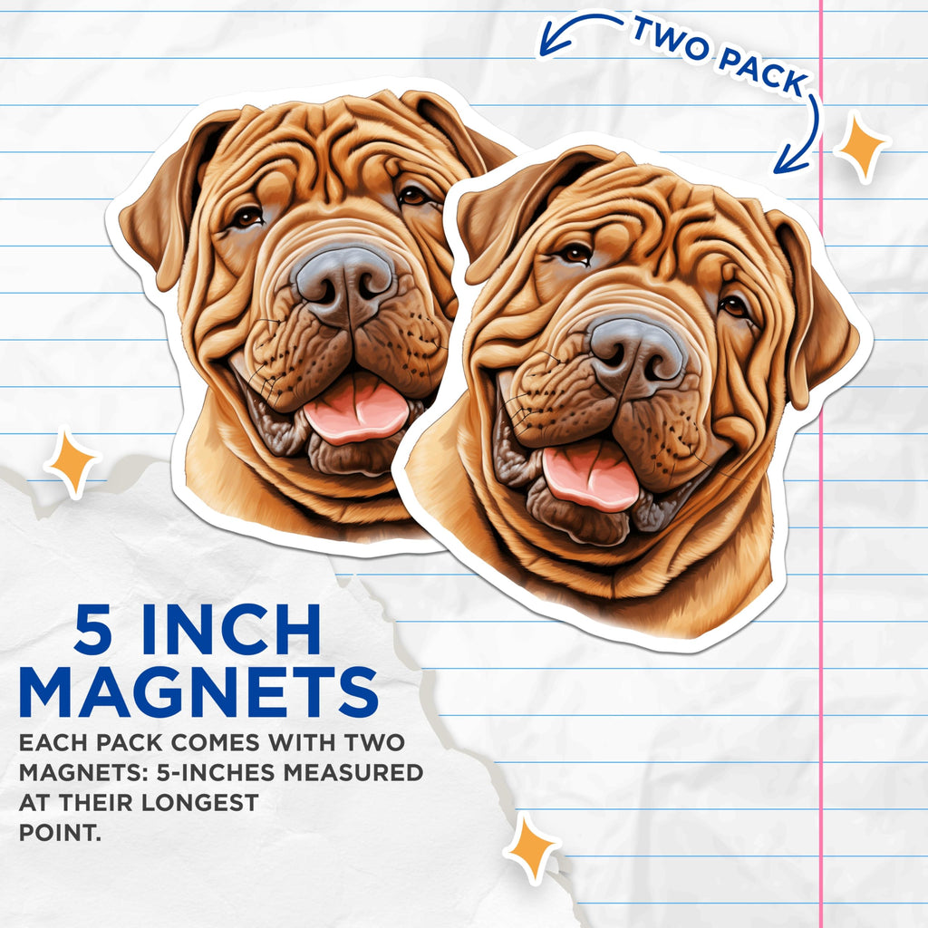 (2 Pack) Shar Pei Dog Magnets - Happy Wrinkled Canine Art - Pet Lover Fridge Locker Decor - 5 Inches On Longest Side - Thick Durable Magnet - Made in USA - MAG27344
