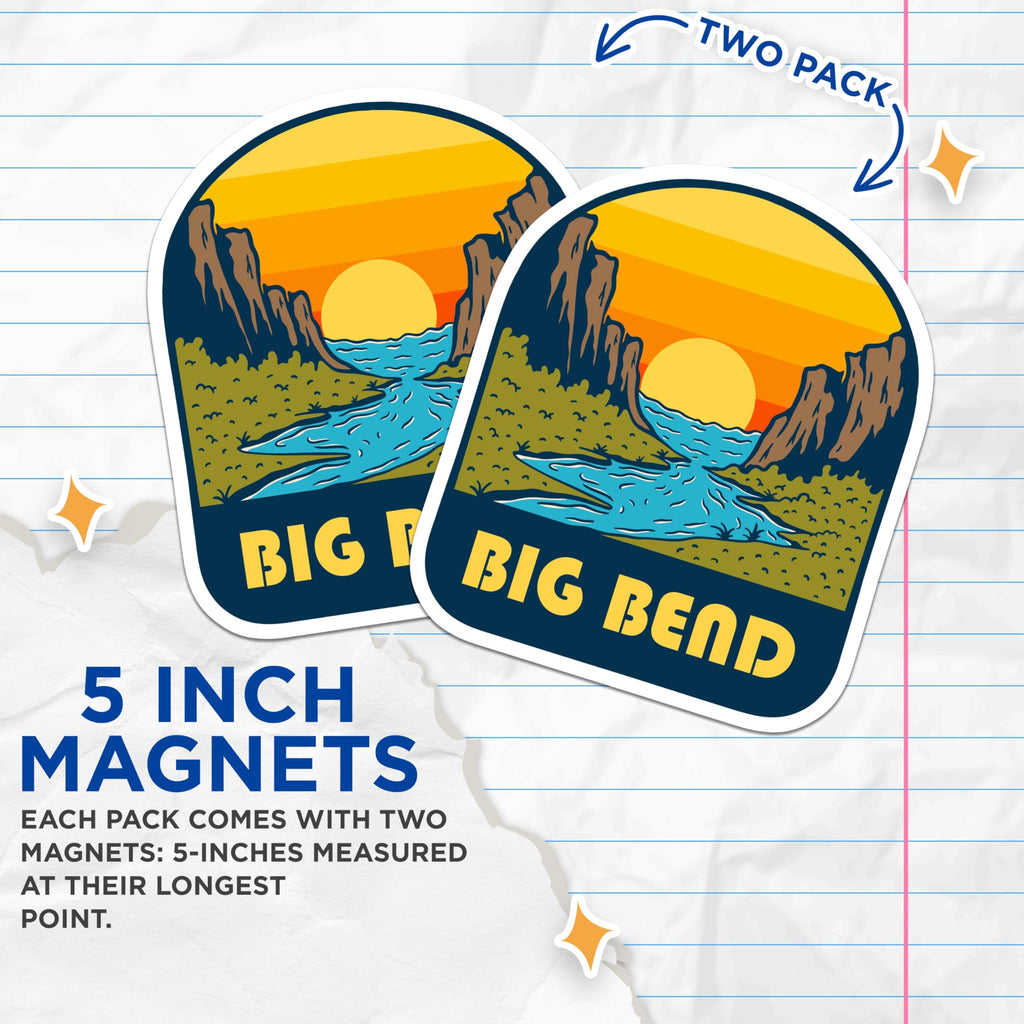 (2 Pack) Big Bend Park Magnets - National Park Souvenir Art - Texas Desert Landscape - Retro Outdoor Adventure Collectible - 5 Inches On Longest Side - Thick Durable Magnet - Made in USA - MAG19202