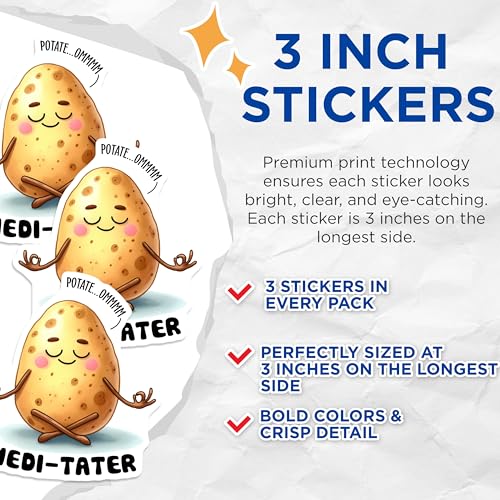 (3 Pack) Meditater Potato Decals - Yoga Spud Decal - Funny Food Laptop Decals - 3 Inches On Longest Side - Easy Peel & Apply - Made in USA - 3MCS6356