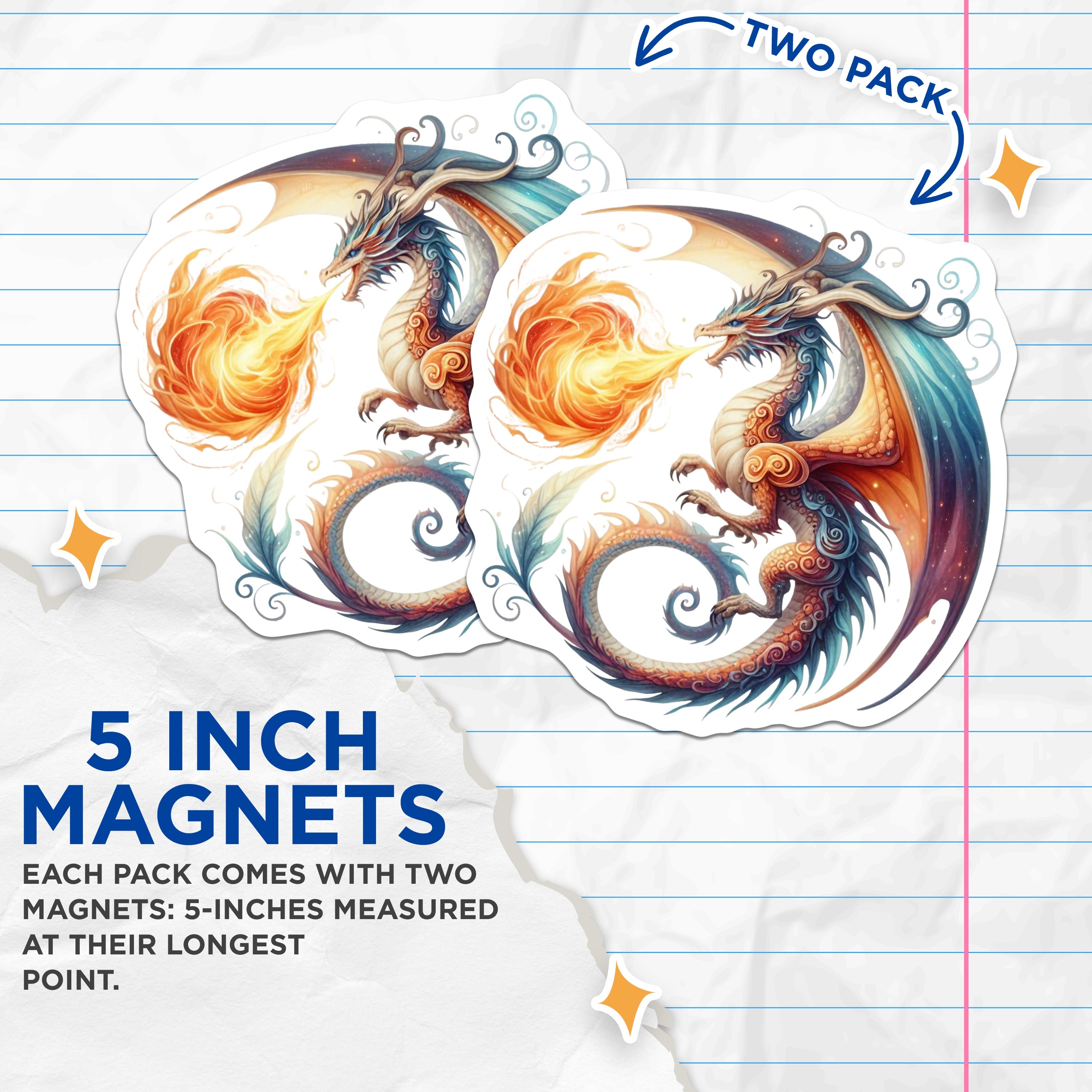 (2 Pack) Fire Breathing Dragon Magnets - Fantasy Creature Art - DND Gamer Decor - 5 Inches On Longest Side - Thick Durable Magnet - Made in USA - MAG38236