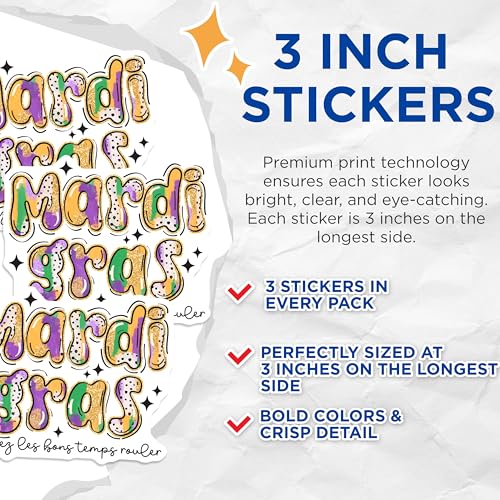 (3 Pack) Mardi Gras Decals - Laissez Les Bons Temps Rouler Decal - Laptop Decals- 3 Inches On Longest Side - Easy Peel & Apply - Made in USA - 3MCS5142