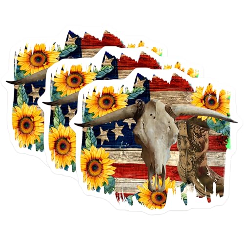 (3 Pack) American West Decals - Cowboy Boot Sunflower Decal - Bull Skull USA Flag Decal - 3 Inches On Longest Side - Easy Peel & Apply - Made in USA - 3MCS4494