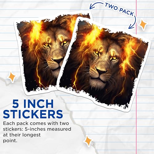 (2 Pack) Lion Flame Stickers - Animal Art Decal - Fiery Lion Head Sticker Illustration - 5" On Longest Side - Sticks to Smooth Flat Surfaces - Made in USA - BMCS4266