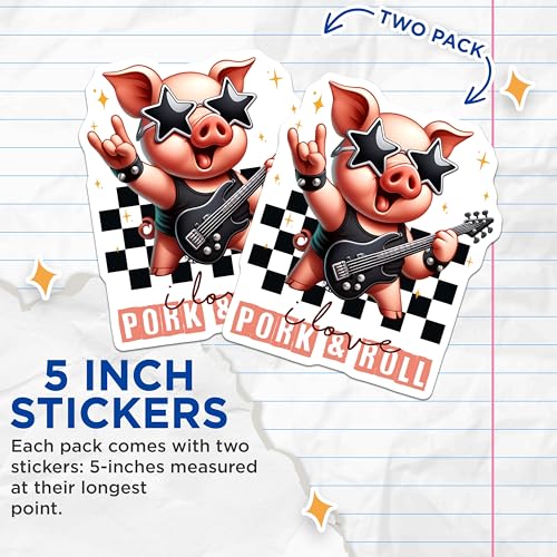 (2 Pack) Cute Pig Rock n Roll Stickers - Rocker Pig - Fun Piggy Art Decal - 5" On Longest Side - Sticks to Smooth Flat Surfaces - Made in USA - BMCS7931