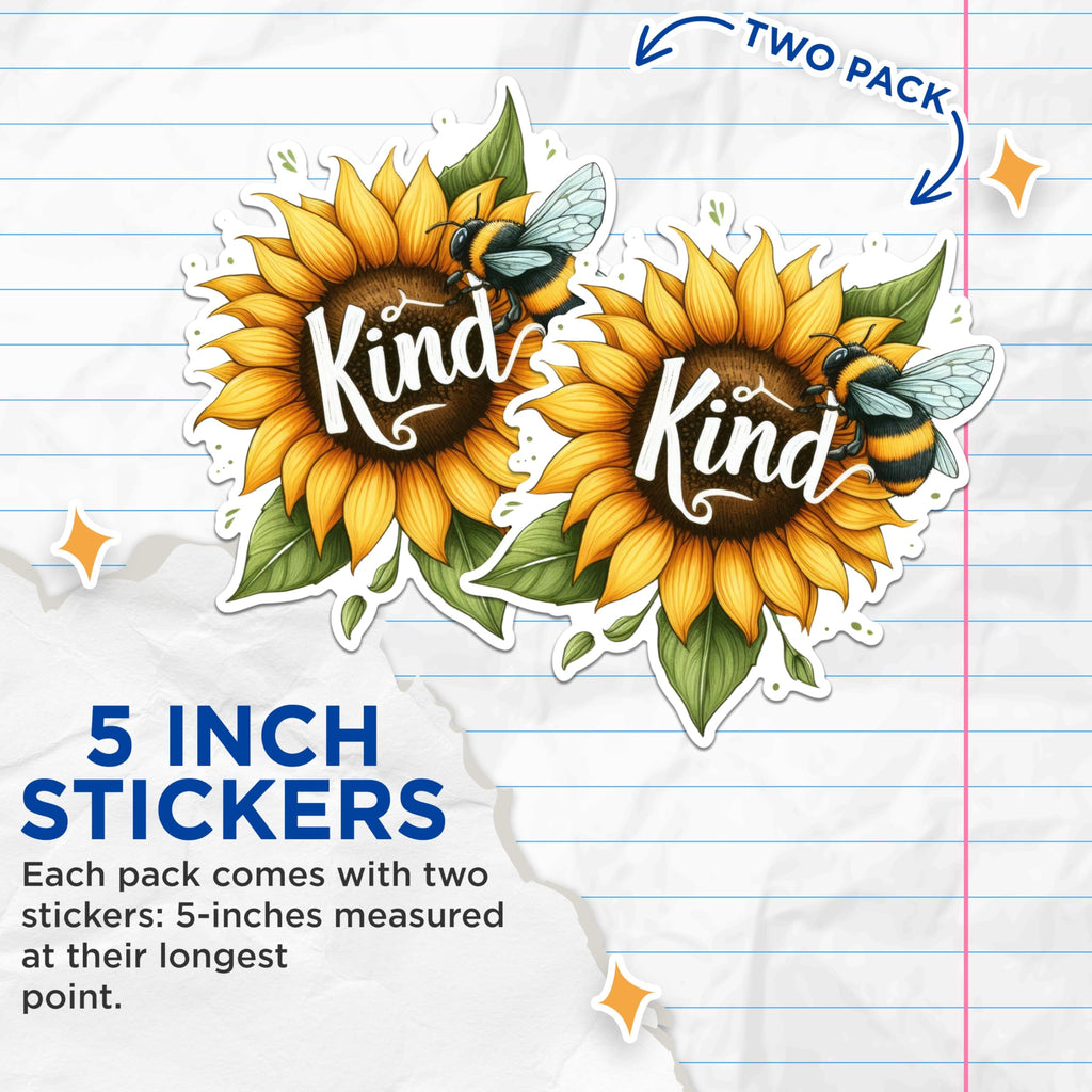 (2 Pack) Bee Kind Stickers - Sunflower Kindness Stickers - Bumble Bee Flower Stickers - 5" On Longest Side - Sticks to Any Smooth Flat Surface - Made in USA - BMCS2892