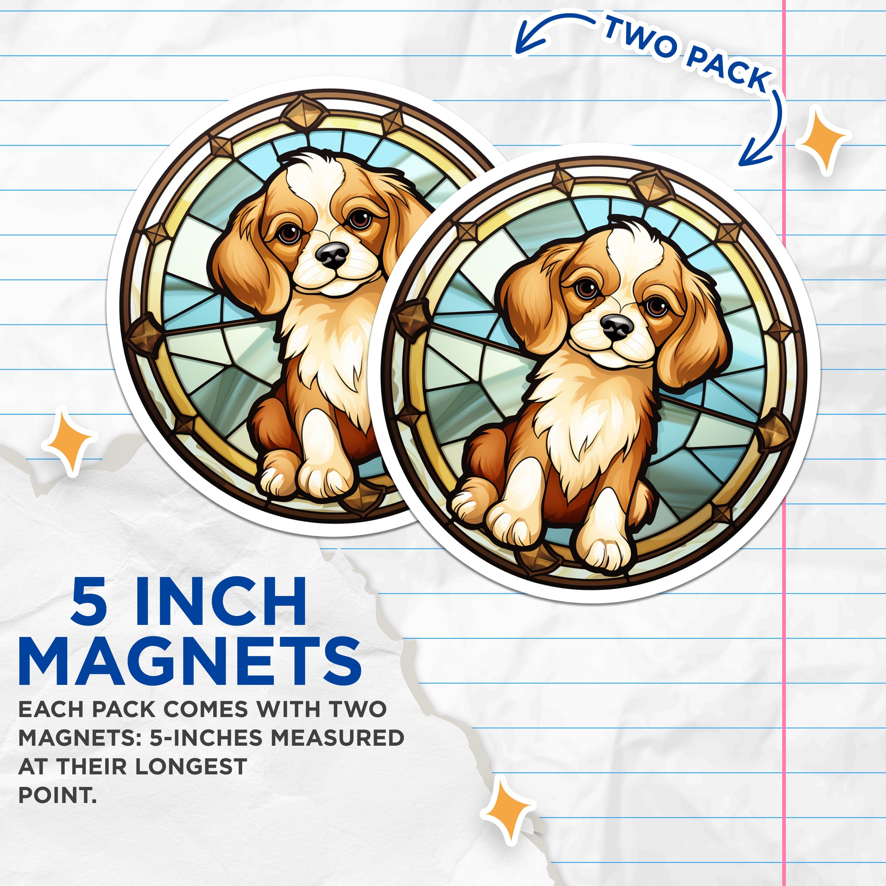 (2 Pack) Cavalier Spaniel Magnets - Stained Glass Puppy Art - Cute Pet Lover Refrigerator Decor - 5 Inches On Longest Side - Thick Durable Magnet - Made in USA - MAG37137