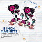 (2 Pack) Day of The Dead Magnets - Sugar Skull Art - Mexican Folk Art - La Catrina Decor - Dia de Los Muertos Magnets - 5" On Longest Side - for Cars, Fridges, Toolboxes - Made in USA - MAG5606