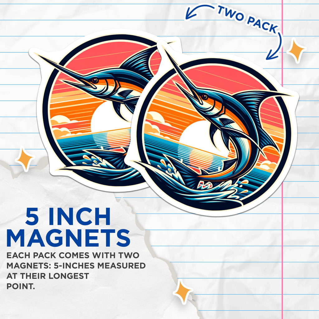 (2 Pack) Marlin Fishing Magnets - Retro Ocean Sunset Scene - Deep Sea Angler Decor - Coastal Beach Home - Marine Life Art - 5 Inches On Longest Side - Thick Durable Magnet - Made in USA - MAG36491