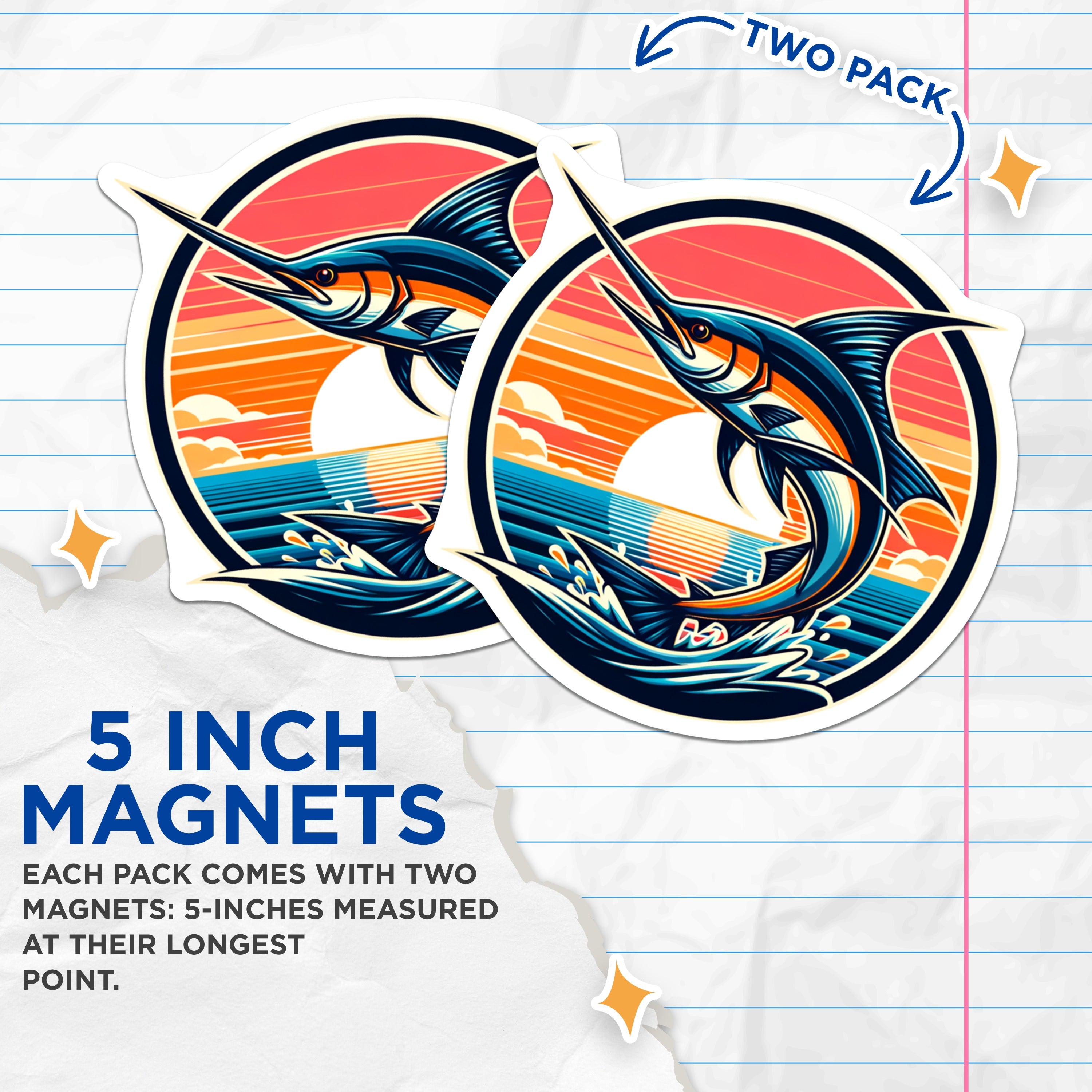 (2 Pack) Marlin Fishing Magnets - Retro Ocean Sunset Scene - Deep Sea Angler Decor - Coastal Beach Home - Marine Life Art - 5 Inches On Longest Side - Thick Durable Magnet - Made in USA - MAG36491