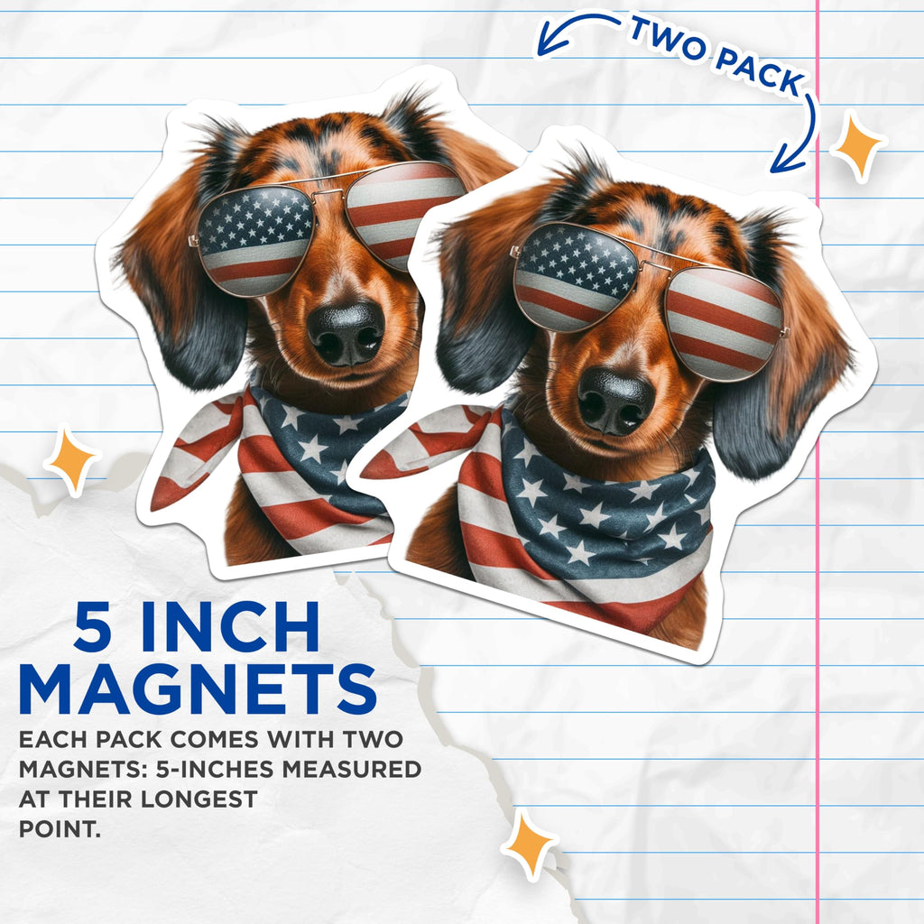 (2 Pack) Dachshund Magnets - Patriotic Dog - American Flag Decor - 5" On Longest Side - Premium Magnet - for Cars, Refrigerators, Toolboxes, Lockers - Made in USA - MAG16099