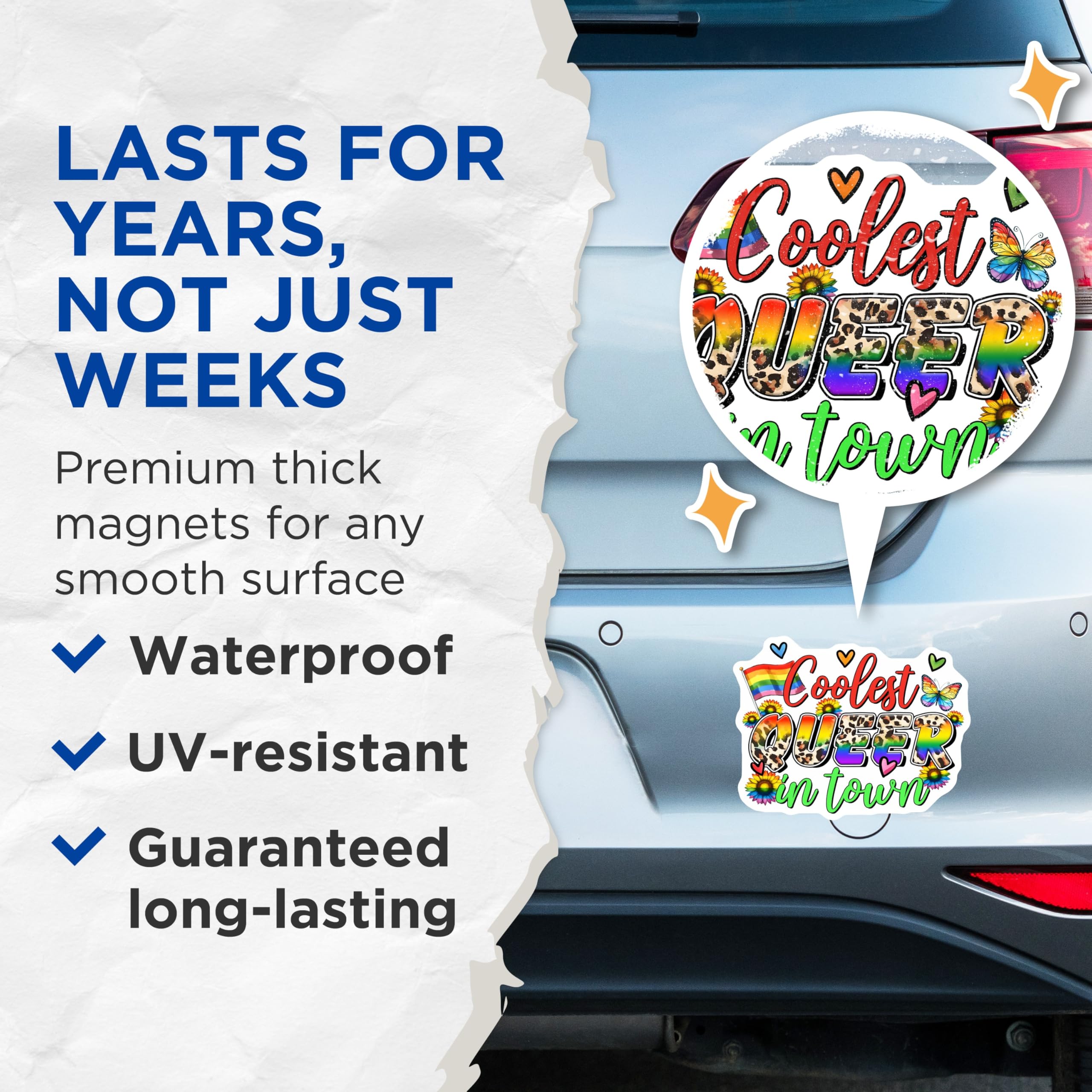 (2 Pack) Coolest Queer in Town Magnets - Pride Flag Decor - Rainbow Butterfly Magnets - 5" On Longest Side - Premium Magnet - for Cars, Refrigerators, Toolboxes, Lockers - Made in USA - MAG17134