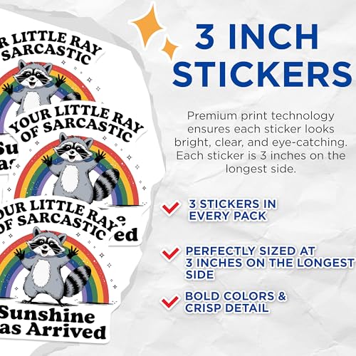 (3 Pack) Sarcastic Sunshine Decals - Funny Raccoon Sticker - Rainbow Laptop Decal - 3 Inches On Longest Side - Easy Peel & Apply - Made in USA - 3MCS4858