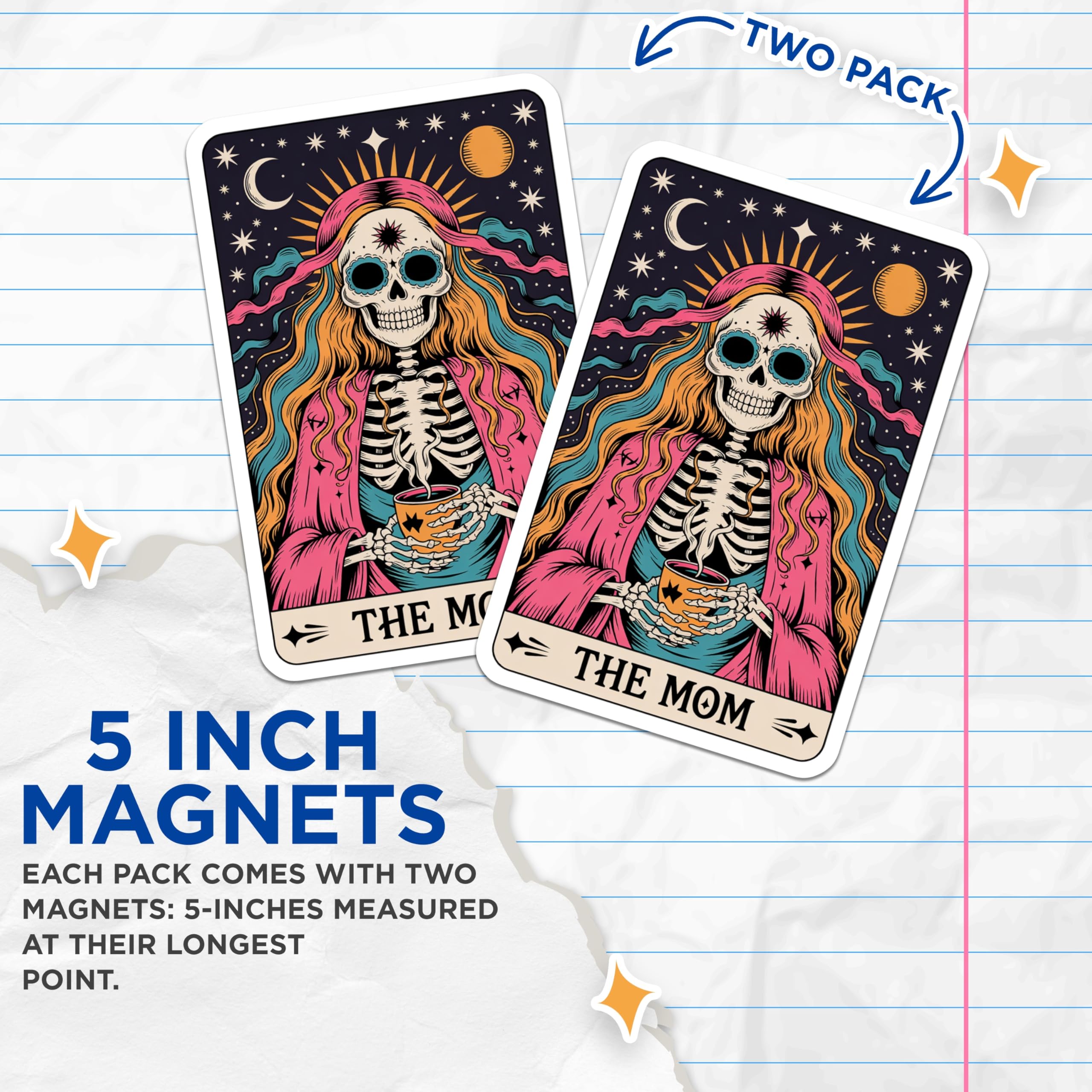 (2 Pack) Mom Skeleton Magnets - Dia de Los Muertos Art - Coffee Lover Tarot Card Aesthetic - Spooky Celestial Decor - 5 Inches On Longest Side - Thick Durable Magnet - Made in USA - MAG22203