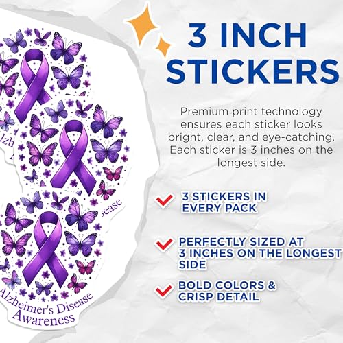 (3 Pack) Alzheimers Awareness Decals - Purple Ribbon Butterfly - Laptop Decal - 3 Inches On Longest Side - Easy Peel & Apply - Made in USA - 3MCS8545