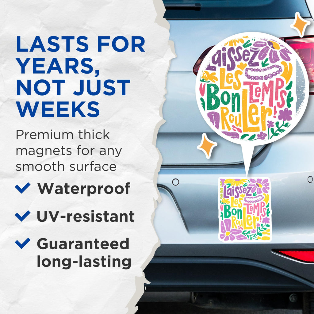 (2 Pack) Laissez Les Bon Temps Rouler Magnets - Flower Design - Bright and Colorful Home - 5" On Longest Side - for Cars, Fridges, Toolboxes - Made in USA - MAG4120