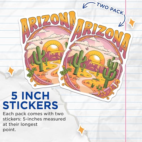 (2 Pack) Arizona Desert Stickers - Cactus Sunset - Retro Souvenir - 5" On Longest Side - Sticks to Smooth Flat Surfaces - Made in USA - BMCS9583