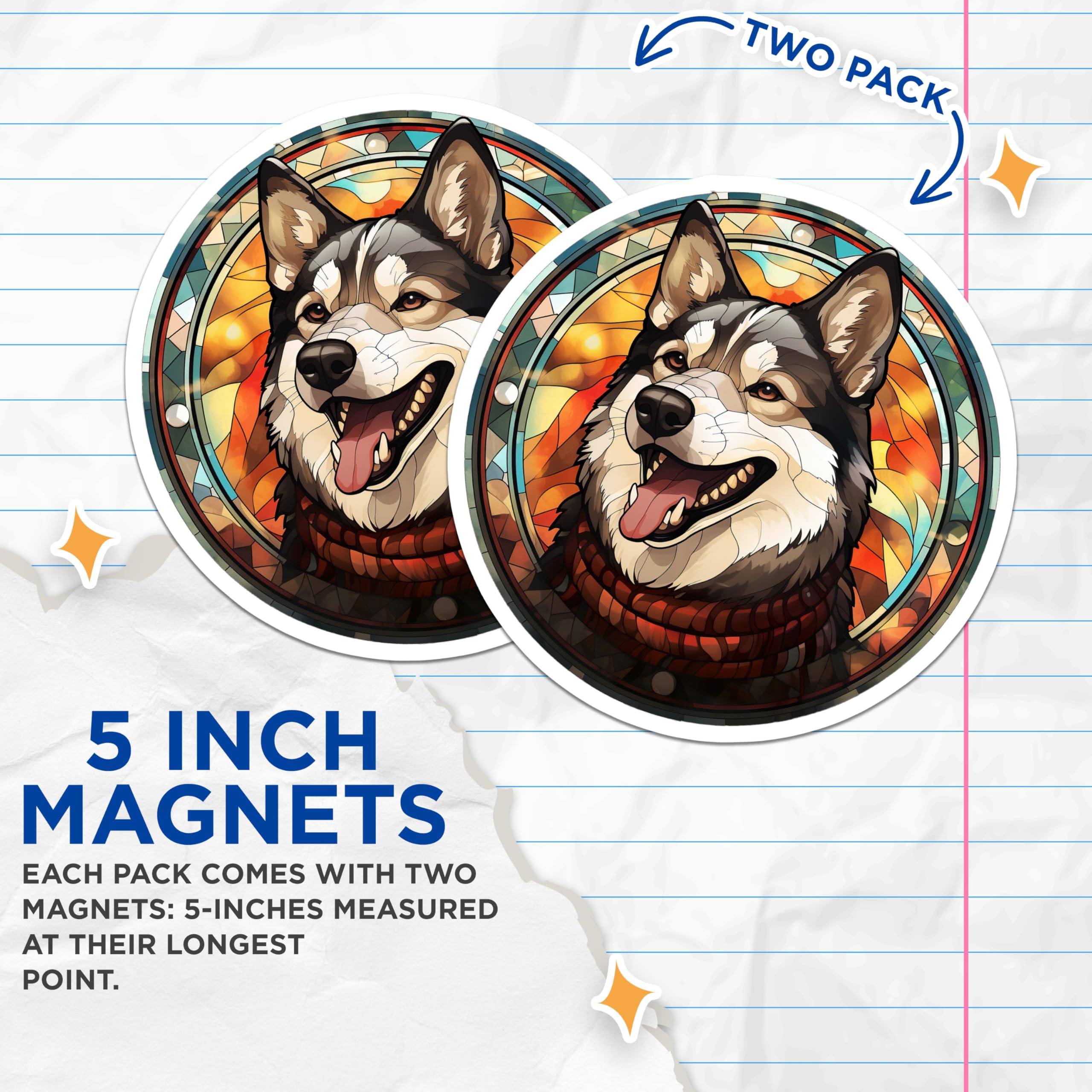 (2 Pack) Husky Dog Magnets - Stained Glass Art - Dog Lover Kitchen Decor - 5 Inches On Longest Side - Thick Durable Magnet - Made in USA - MAG29864